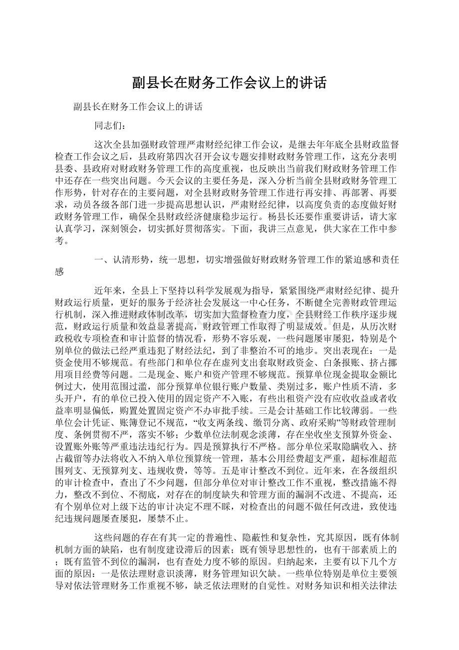 副县长在财务工作会议上的讲话Word下载.docx_第1页