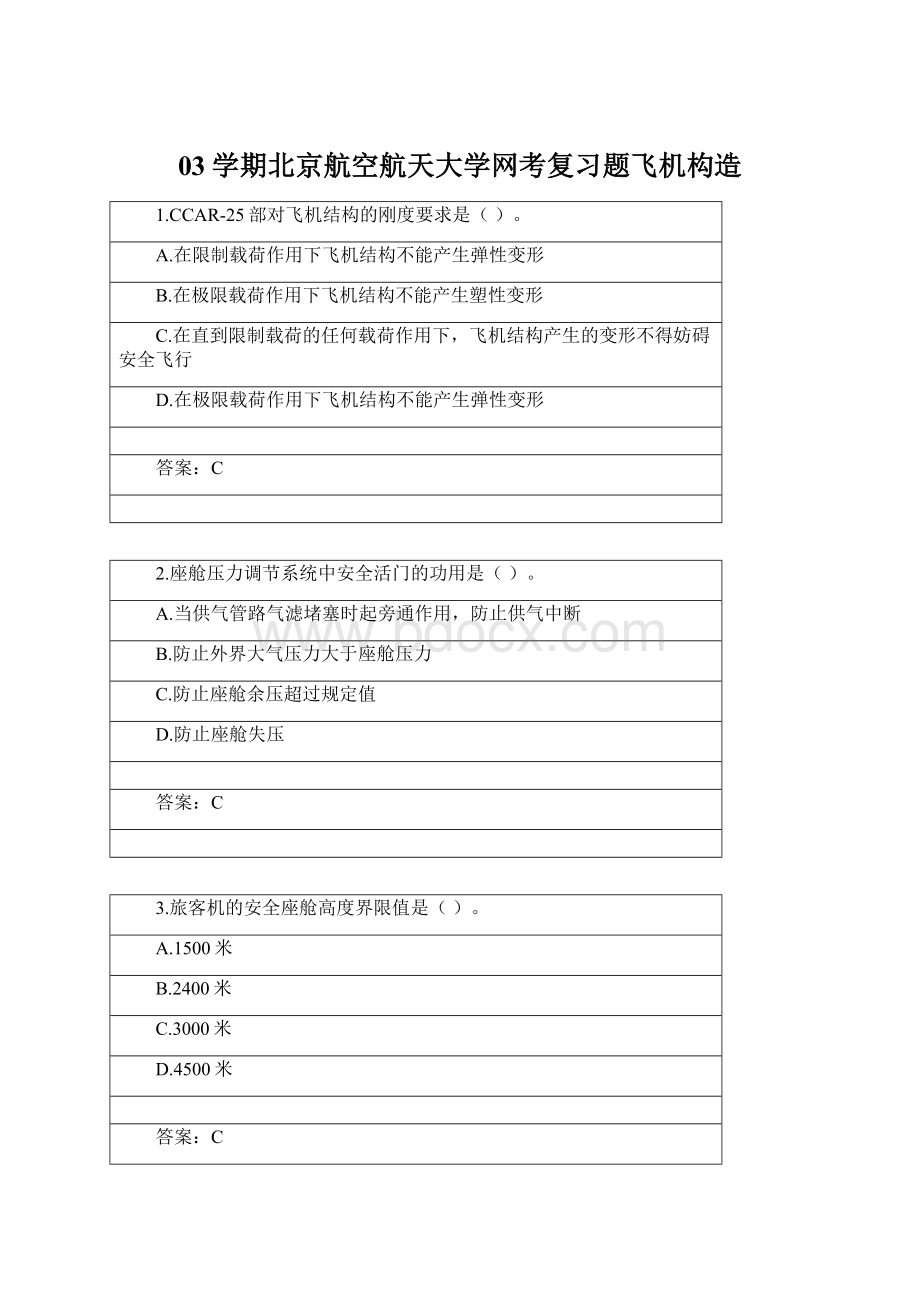 03学期北京航空航天大学网考复习题飞机构造Word文档格式.docx