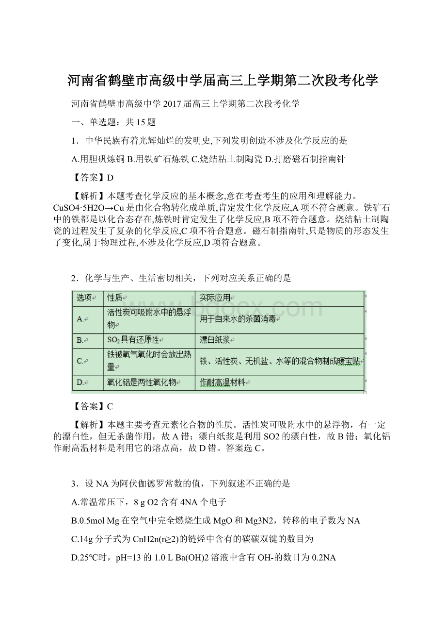 河南省鹤壁市高级中学届高三上学期第二次段考化学.docx_第1页