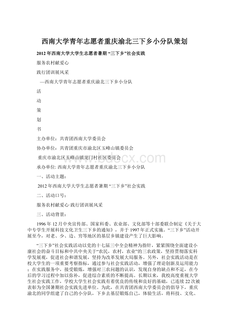 西南大学青年志愿者重庆渝北三下乡小分队策划.docx