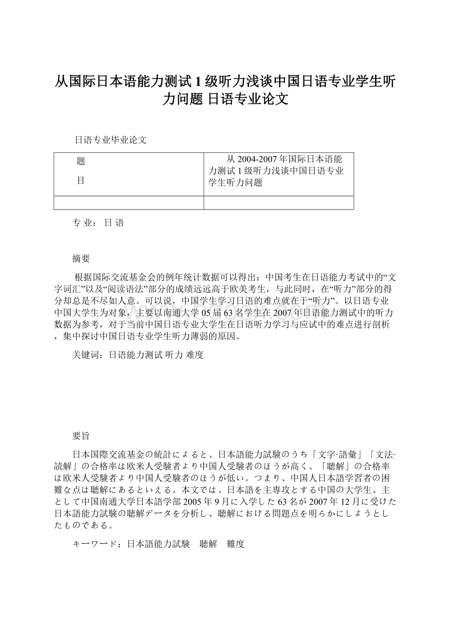 从国际日本语能力测试1级听力浅谈中国日语专业学生听力问题 日语专业论文文档格式.docx