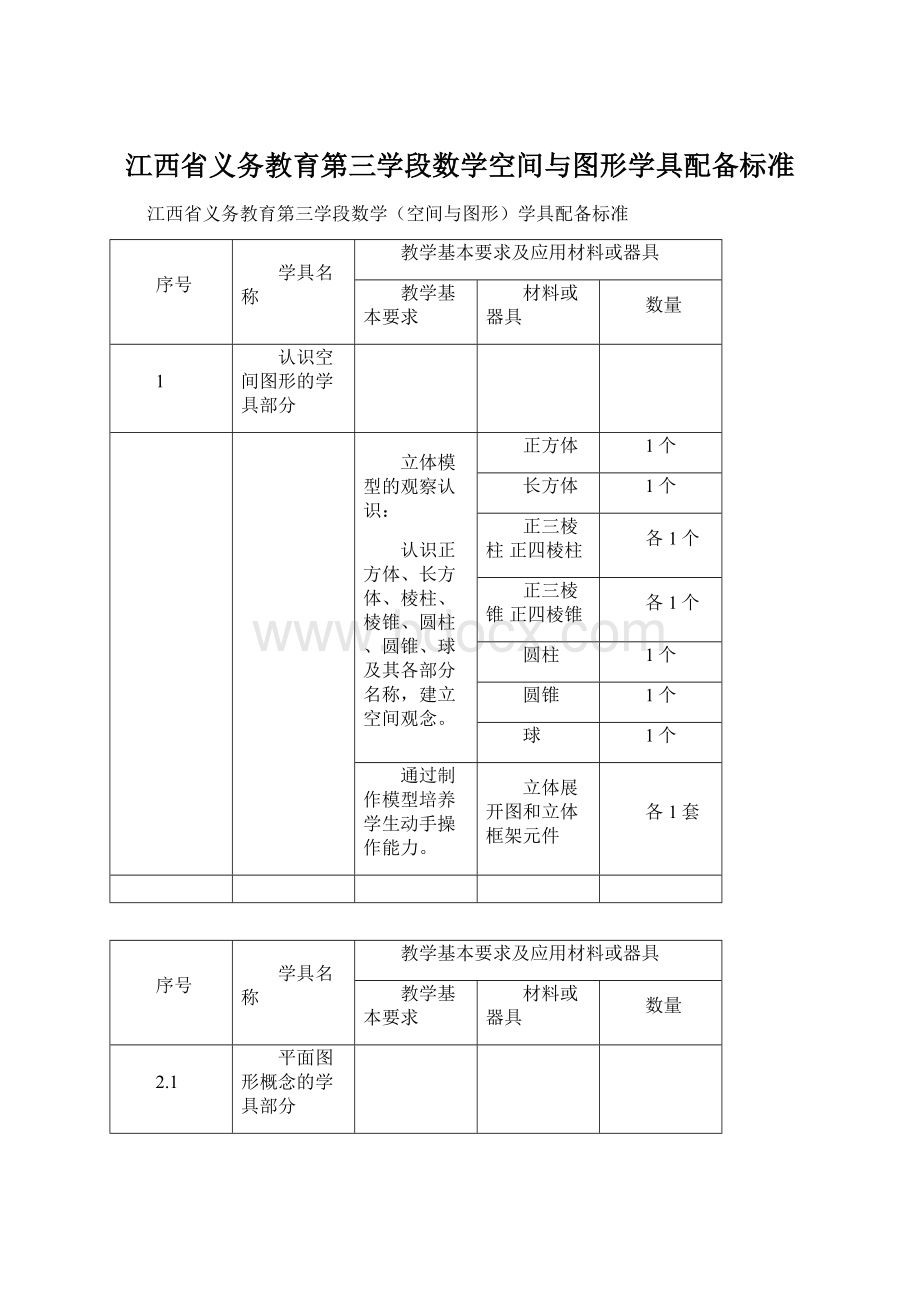 江西省义务教育第三学段数学空间与图形学具配备标准Word格式文档下载.docx