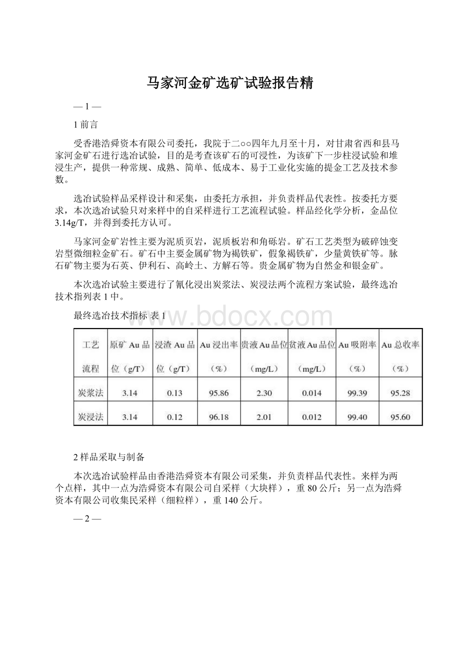 马家河金矿选矿试验报告精.docx