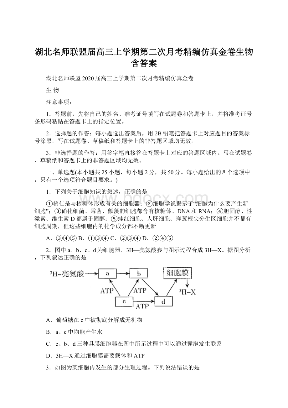 湖北名师联盟届高三上学期第二次月考精编仿真金卷生物含答案Word文档下载推荐.docx_第1页