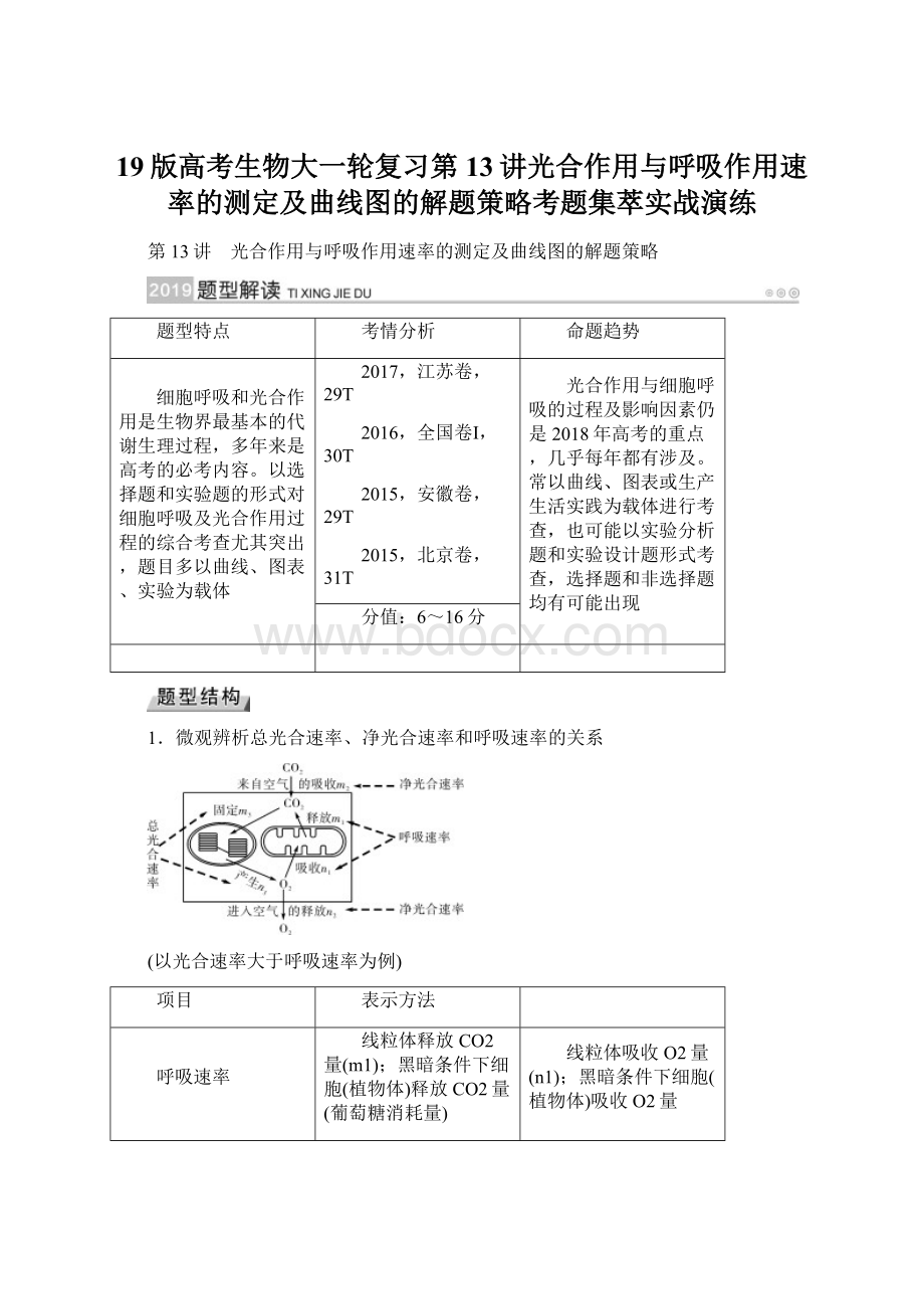 19版高考生物大一轮复习第13讲光合作用与呼吸作用速率的测定及曲线图的解题策略考题集萃实战演练文档格式.docx