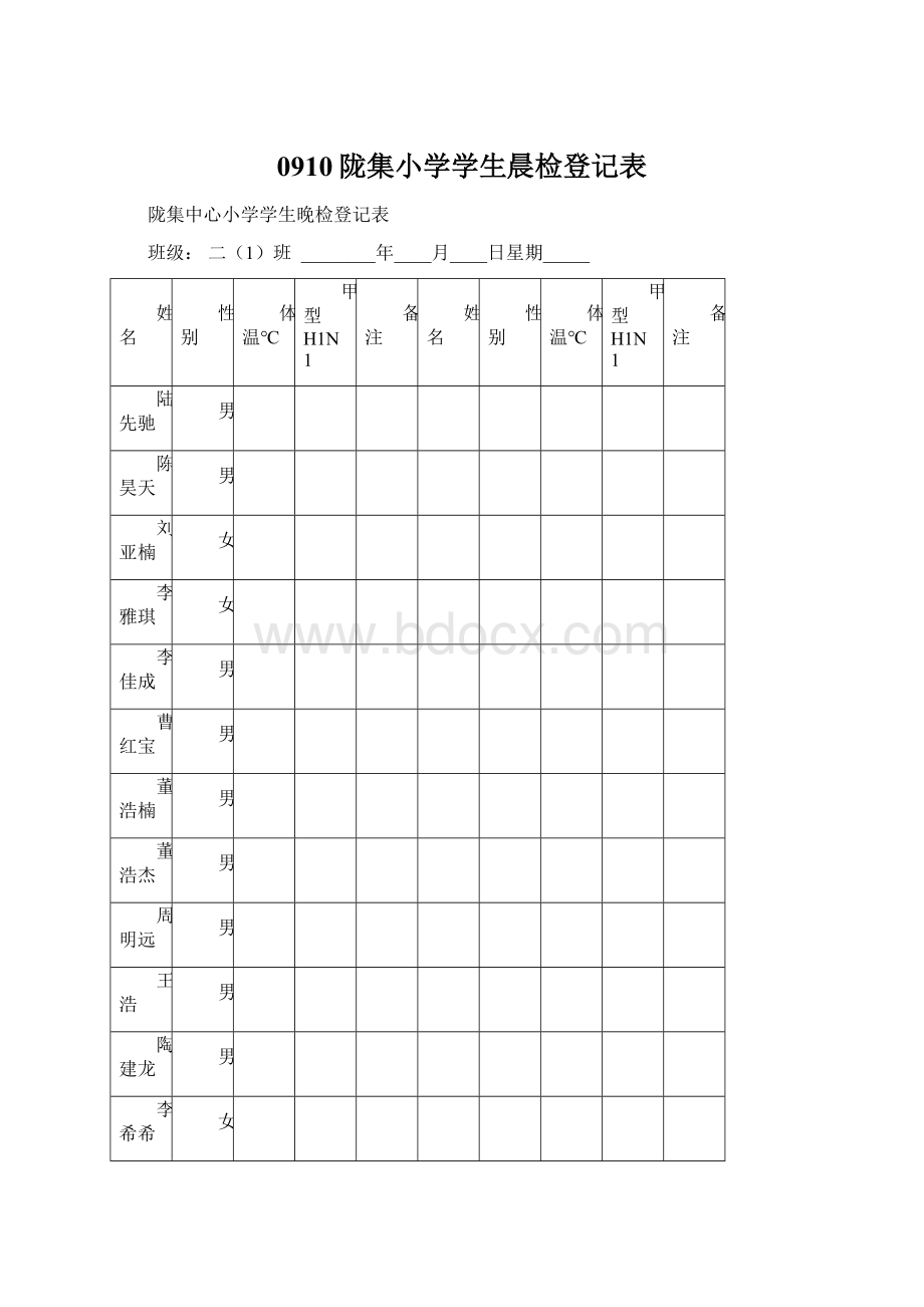 0910陇集小学学生晨检登记表Word下载.docx