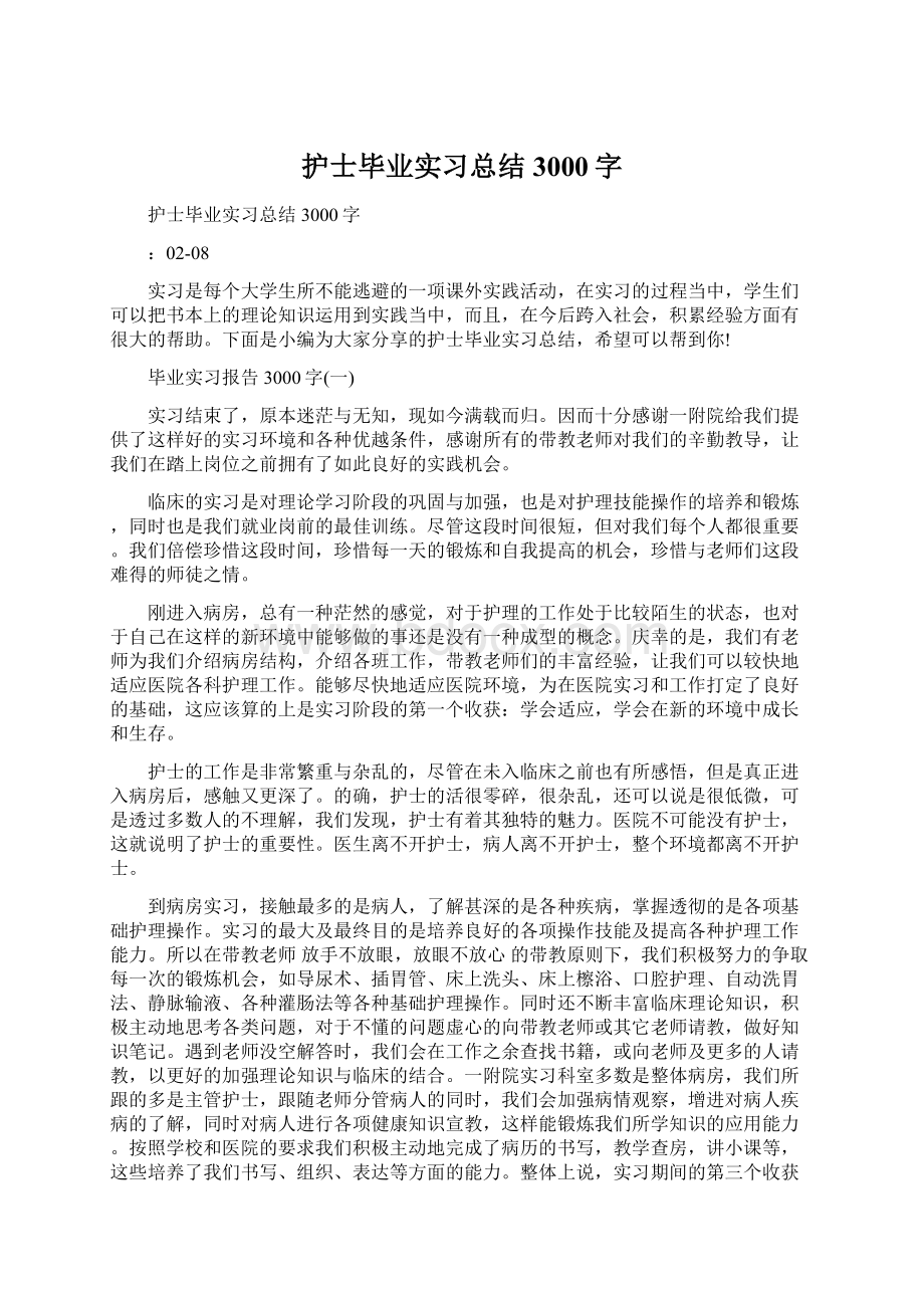 护士毕业实习总结3000字文档格式.docx