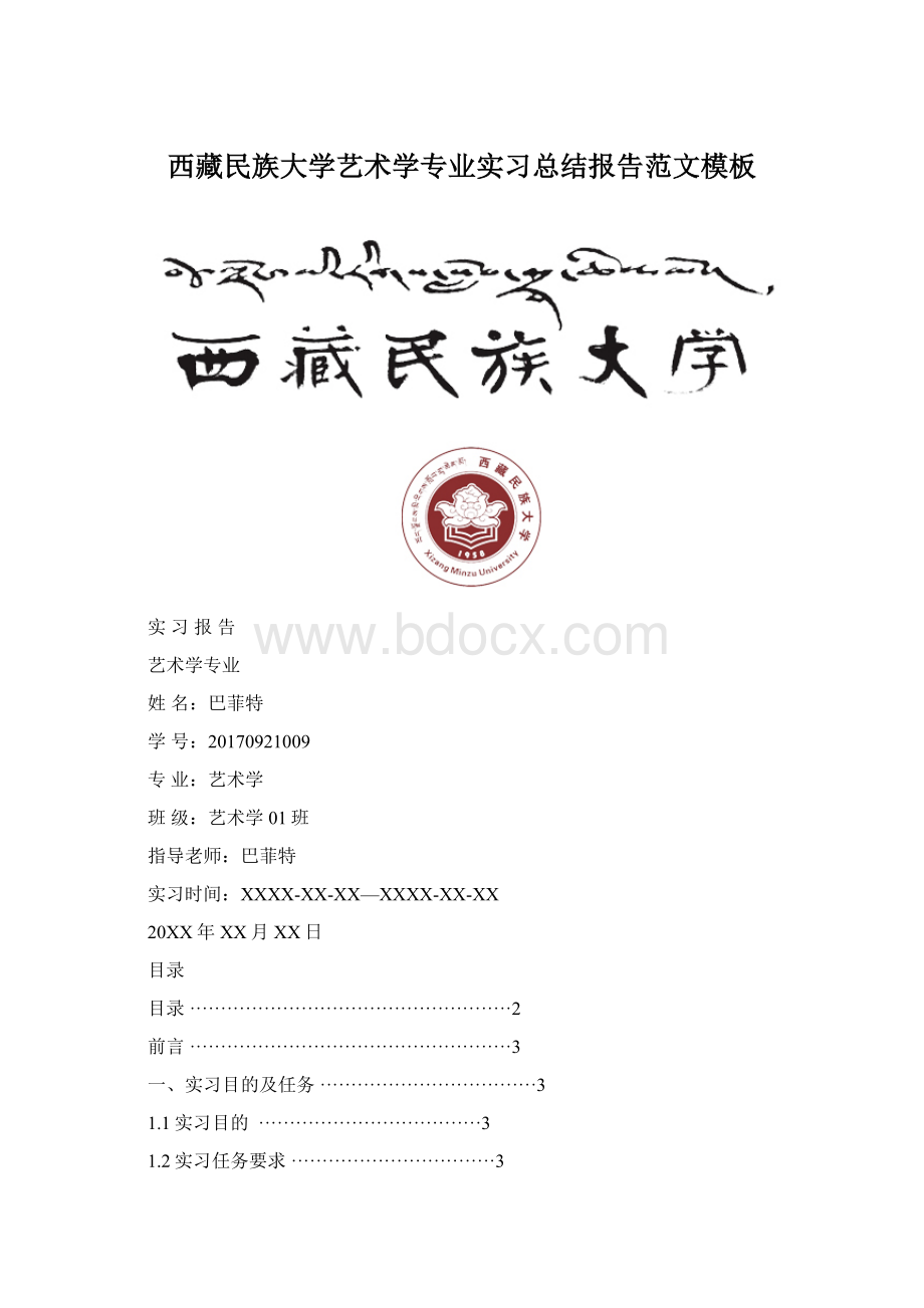 西藏民族大学艺术学专业实习总结报告范文模板.docx