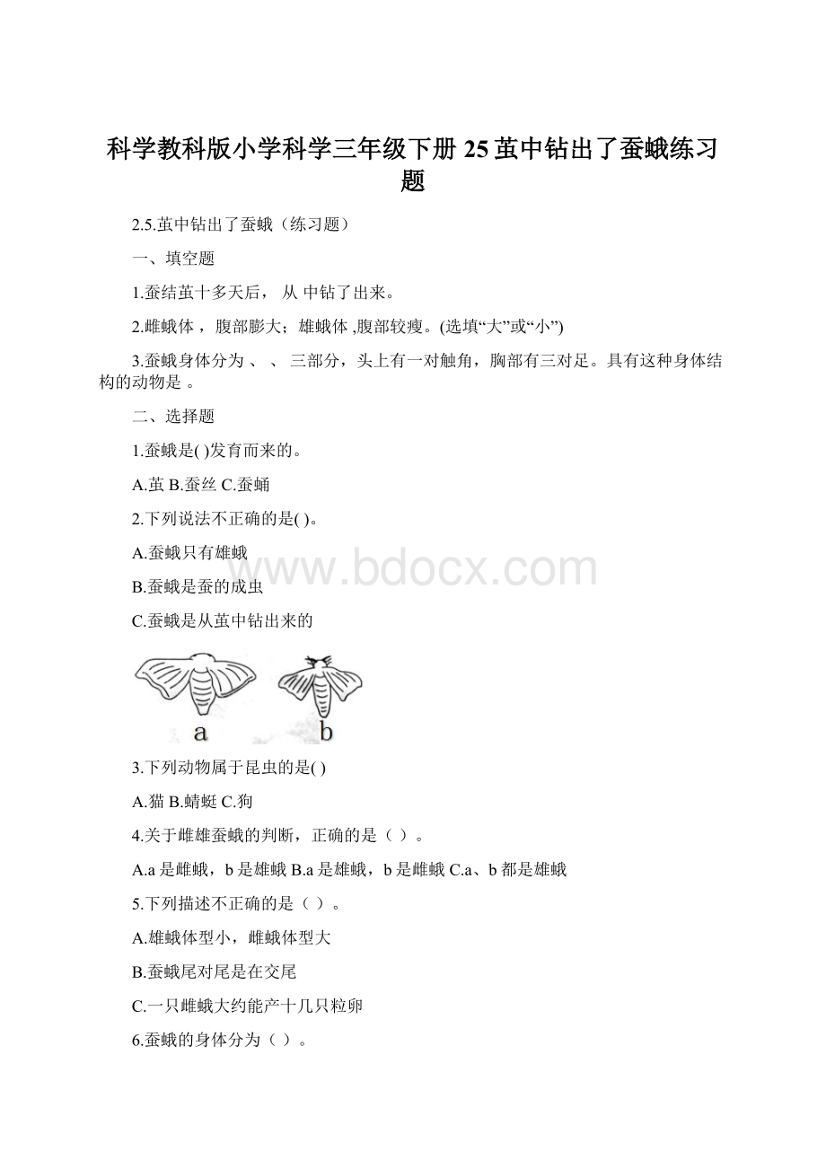 科学教科版小学科学三年级下册25茧中钻出了蚕蛾练习题.docx