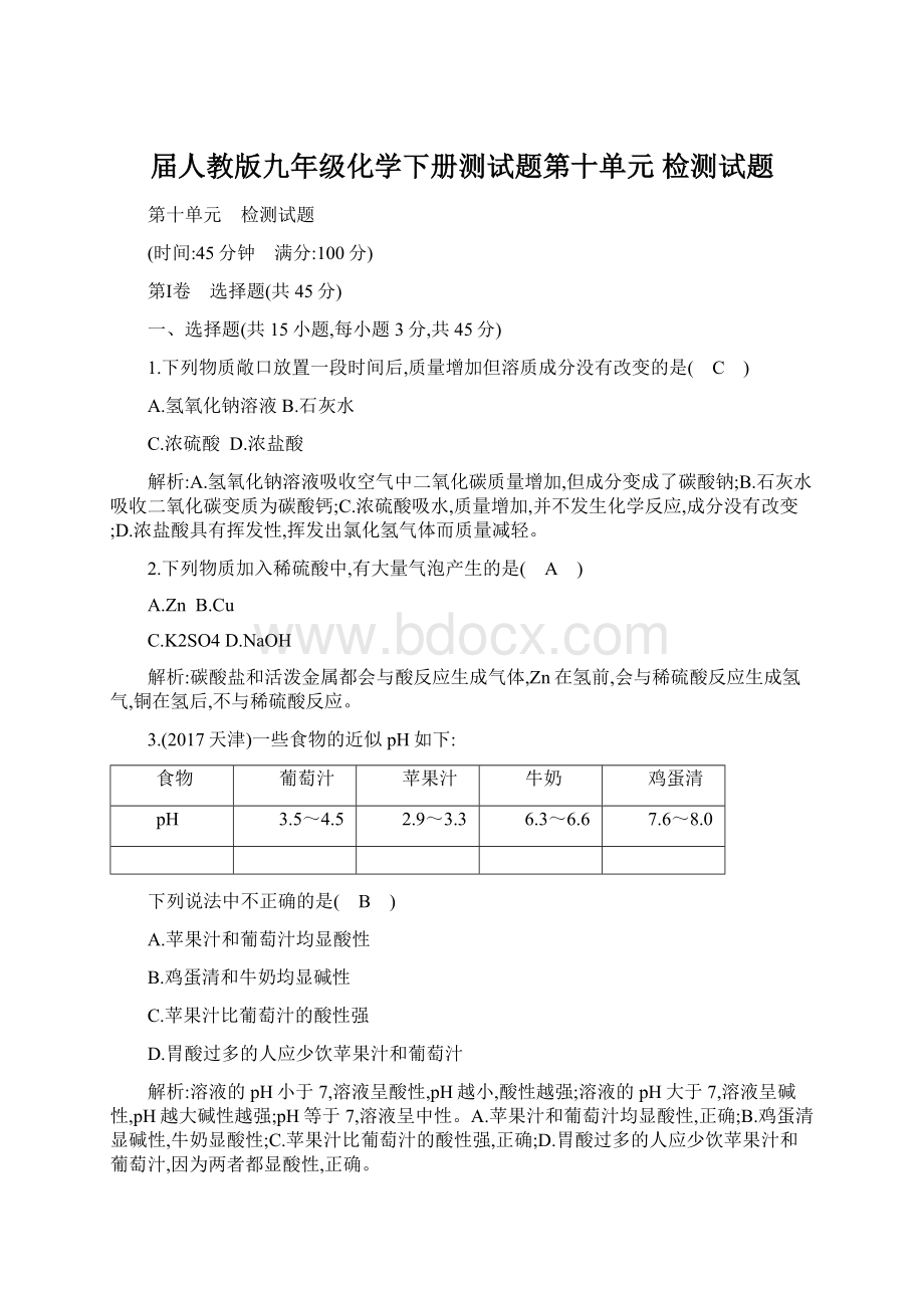 届人教版九年级化学下册测试题第十单元 检测试题.docx