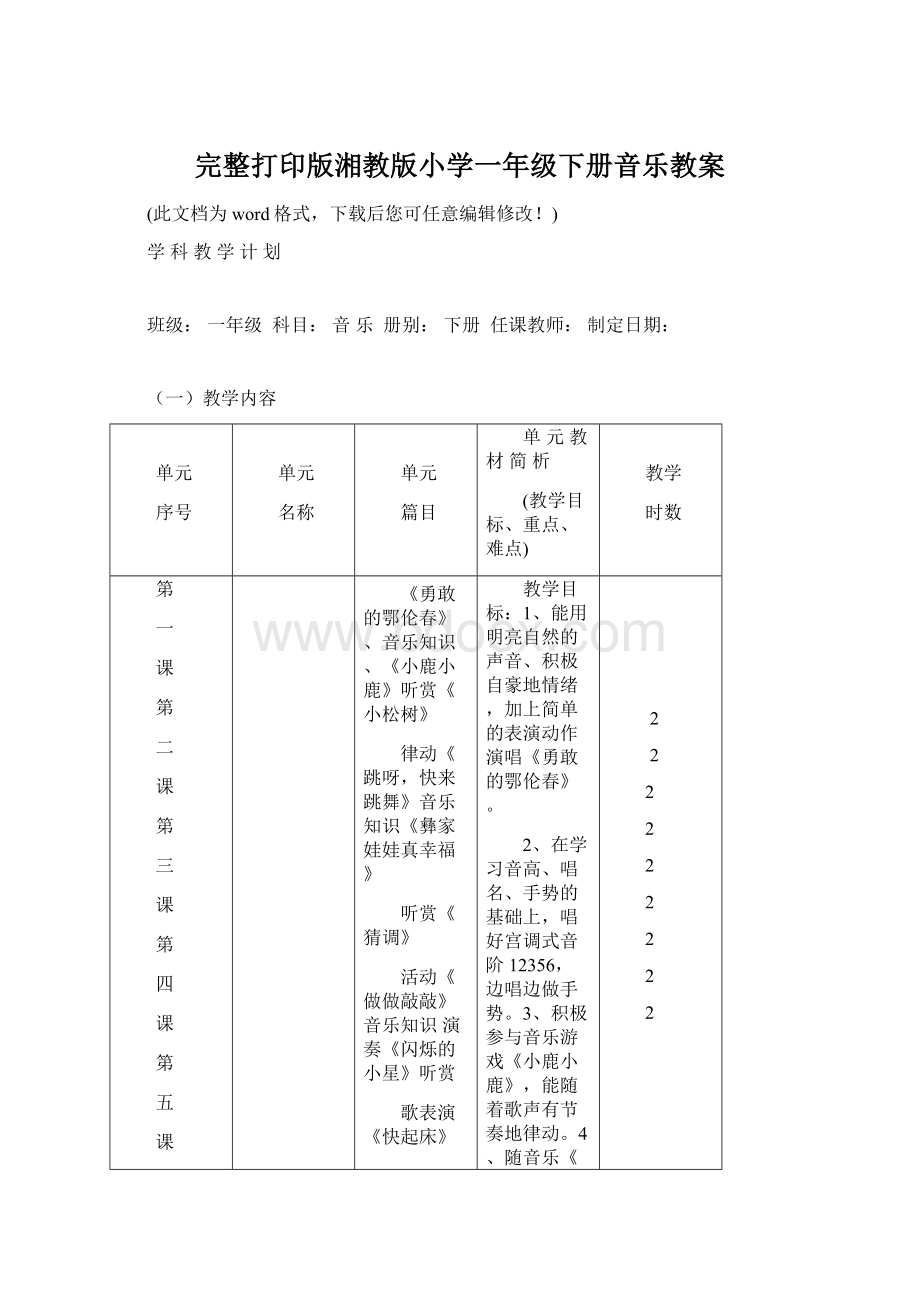 完整打印版湘教版小学一年级下册音乐教案.docx_第1页