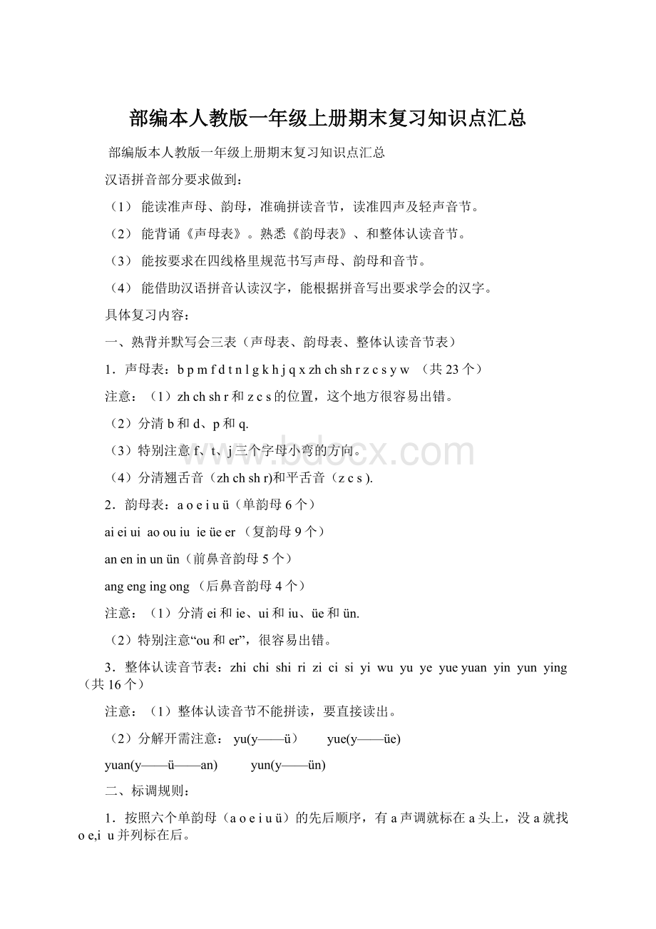 部编本人教版一年级上册期末复习知识点汇总.docx_第1页