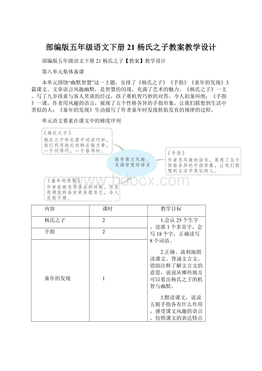 部编版五年级语文下册21 杨氏之子教案教学设计Word格式文档下载.docx_第1页