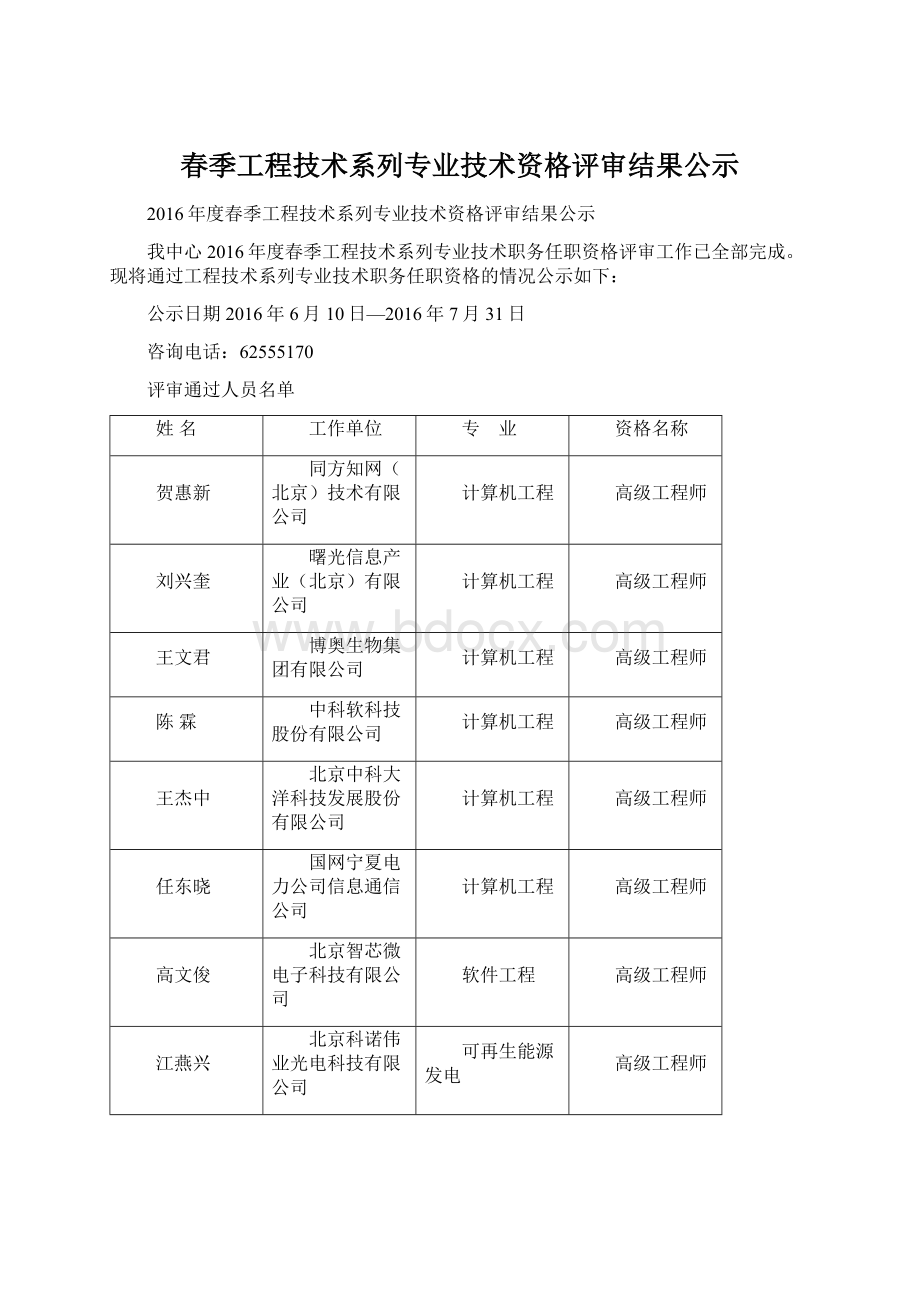 春季工程技术系列专业技术资格评审结果公示Word文档下载推荐.docx_第1页