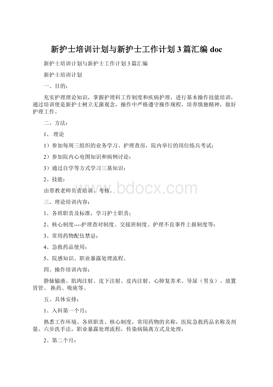 新护士培训计划与新护士工作计划3篇汇编docWord文档下载推荐.docx