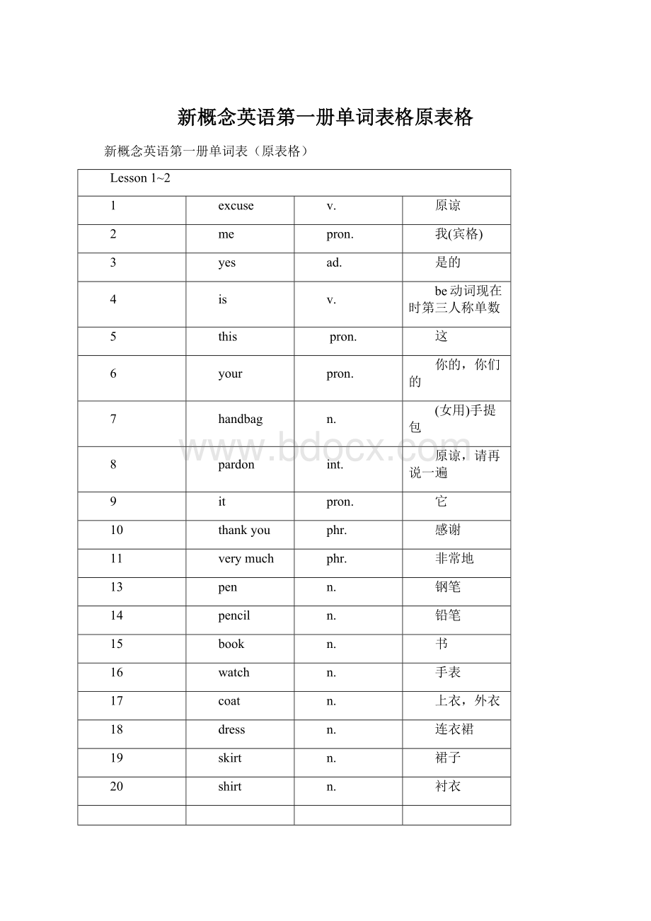 新概念英语第一册单词表格原表格.docx