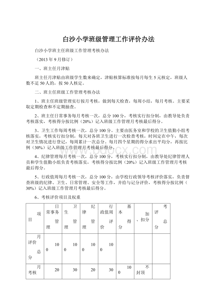 白沙小学班级管理工作评价办法.docx_第1页