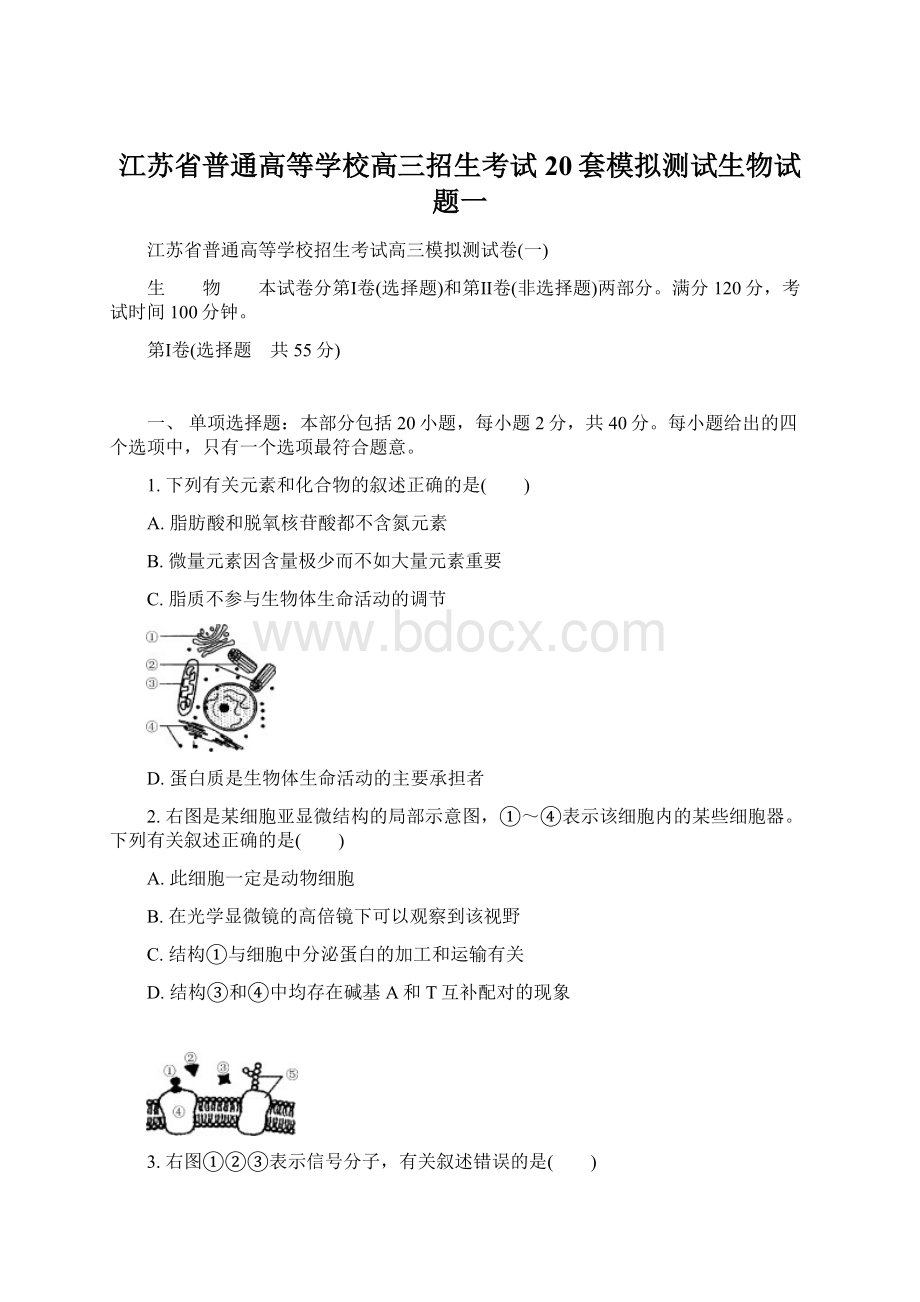 江苏省普通高等学校高三招生考试20套模拟测试生物试题一.docx