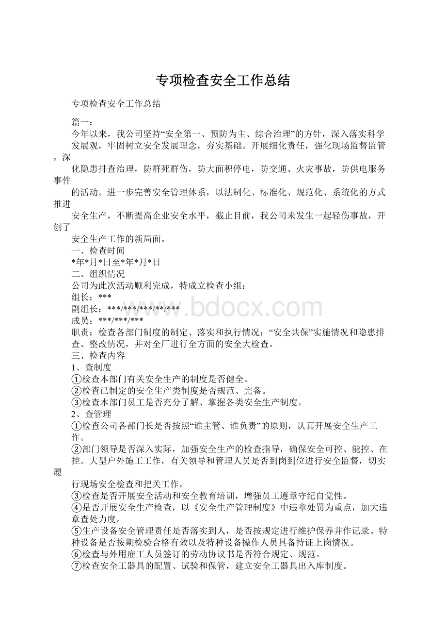 专项检查安全工作总结文档格式.docx