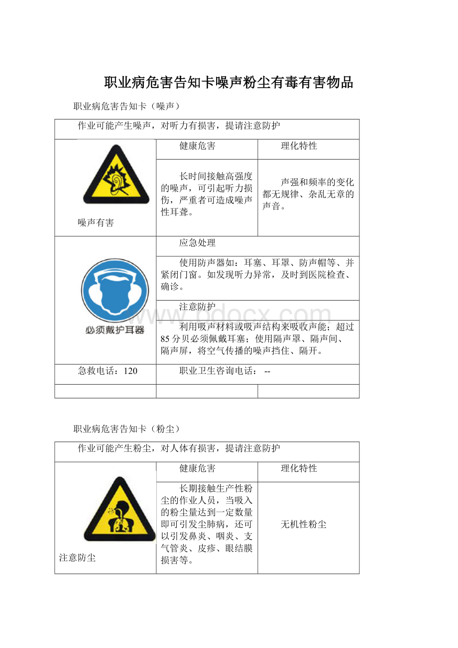 职业病危害告知卡噪声粉尘有毒有害物品Word文档格式.docx