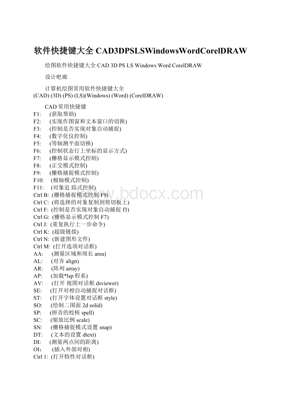 软件快捷键大全CAD3DPSLSWindowsWordCorelDRAWWord下载.docx_第1页