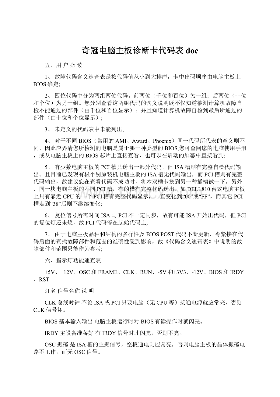 奇冠电脑主板诊断卡代码表doc.docx_第1页