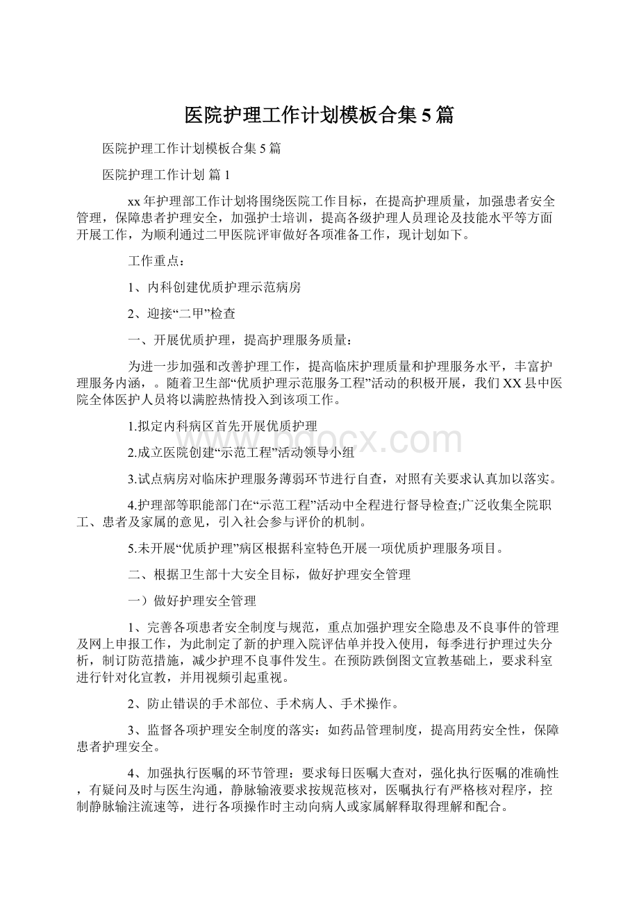 医院护理工作计划模板合集5篇文档格式.docx