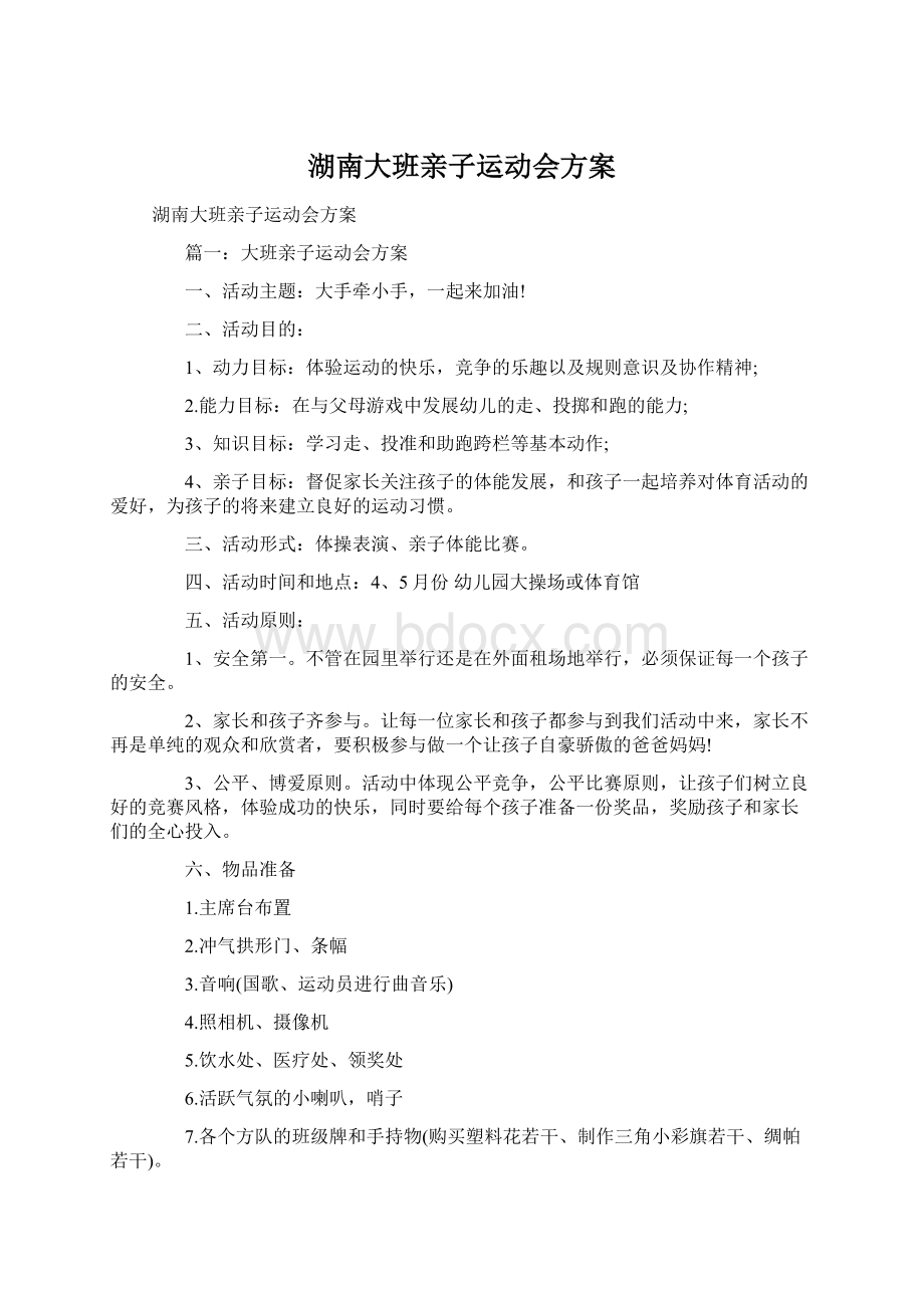 湖南大班亲子运动会方案Word文档下载推荐.docx