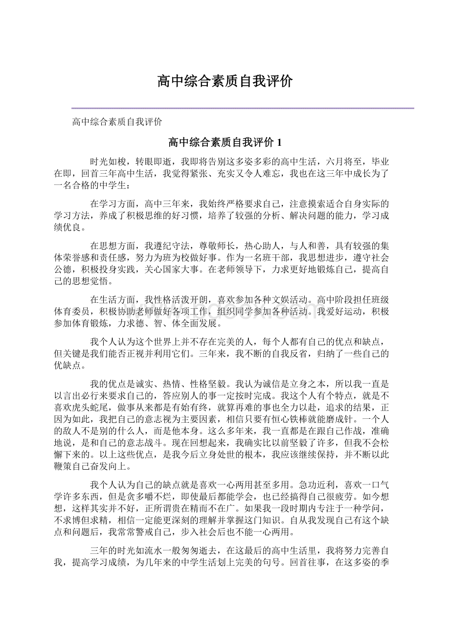 高中综合素质自我评价Word格式文档下载.docx