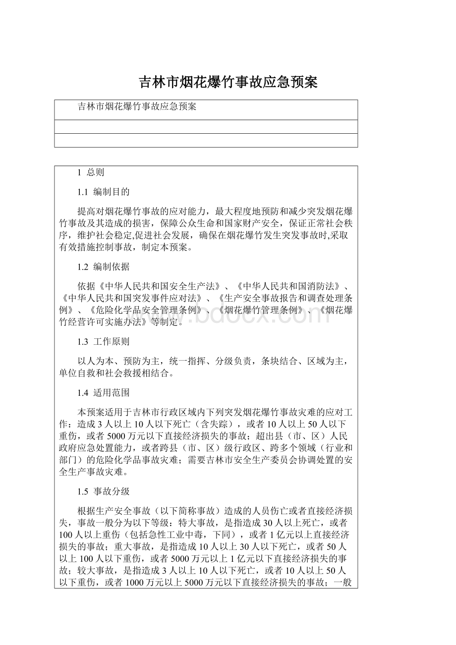 吉林市烟花爆竹事故应急预案Word格式文档下载.docx_第1页