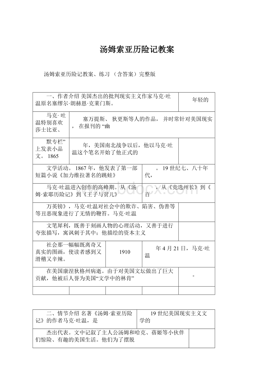 汤姆索亚历险记教案Word文档格式.docx