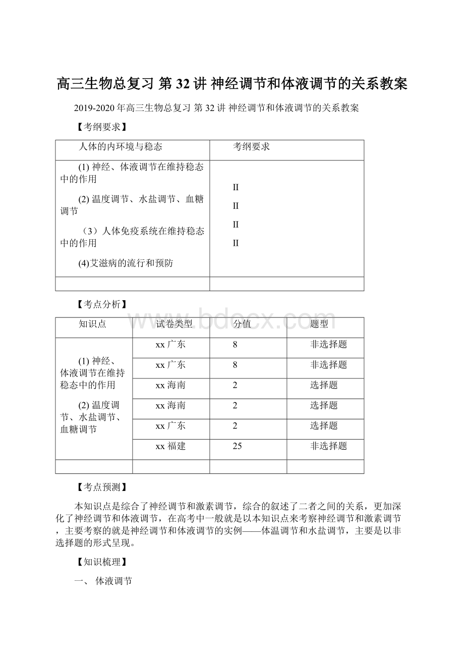 高三生物总复习 第32讲 神经调节和体液调节的关系教案.docx_第1页