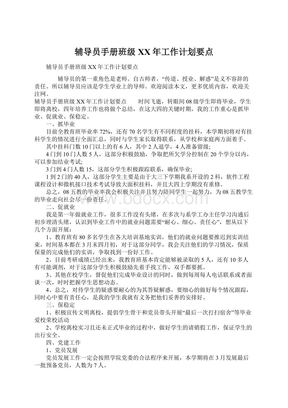 辅导员手册班级XX年工作计划要点.docx_第1页