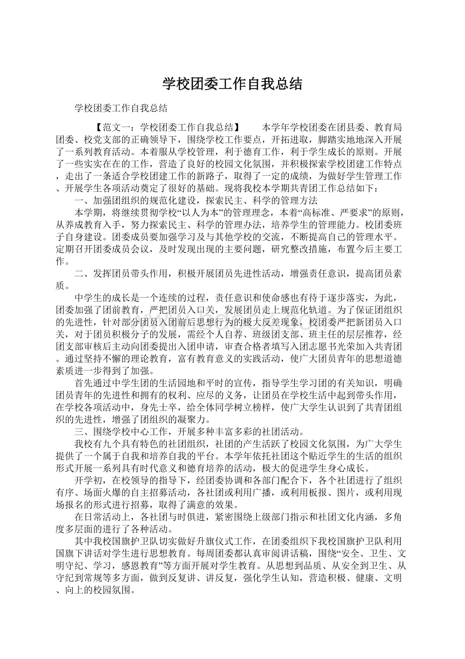 学校团委工作自我总结Word文件下载.docx