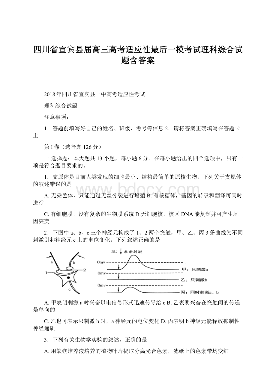 四川省宜宾县届高三高考适应性最后一模考试理科综合试题含答案.docx_第1页