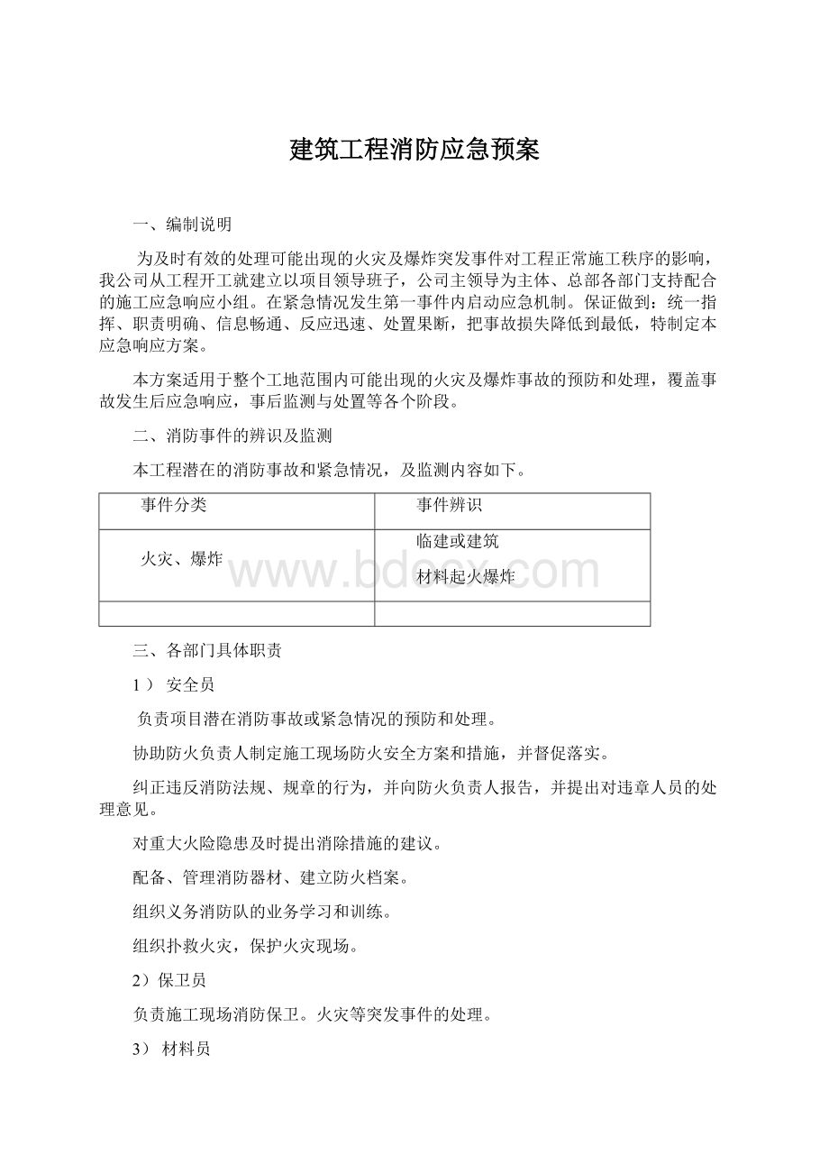 建筑工程消防应急预案Word格式.docx