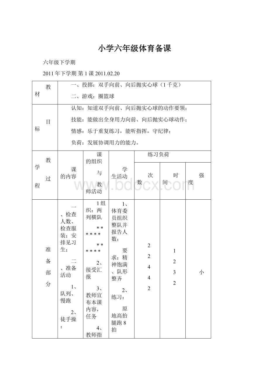 小学六年级体育备课.docx_第1页