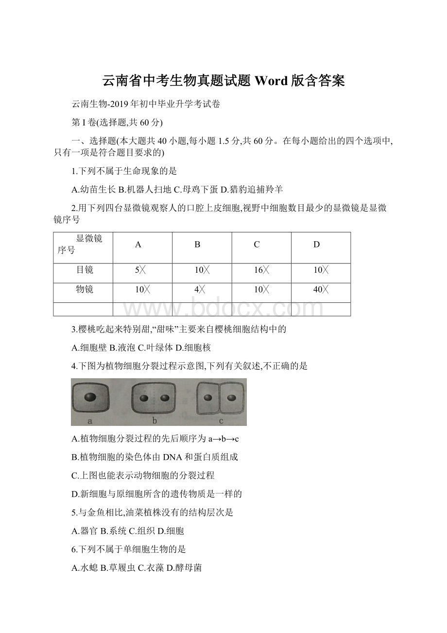 云南省中考生物真题试题Word版含答案Word文档下载推荐.docx