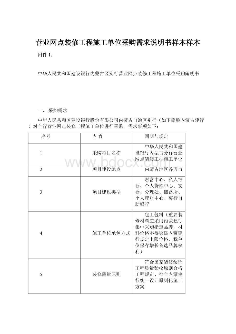 营业网点装修工程施工单位采购需求说明书样本样本Word格式.docx_第1页