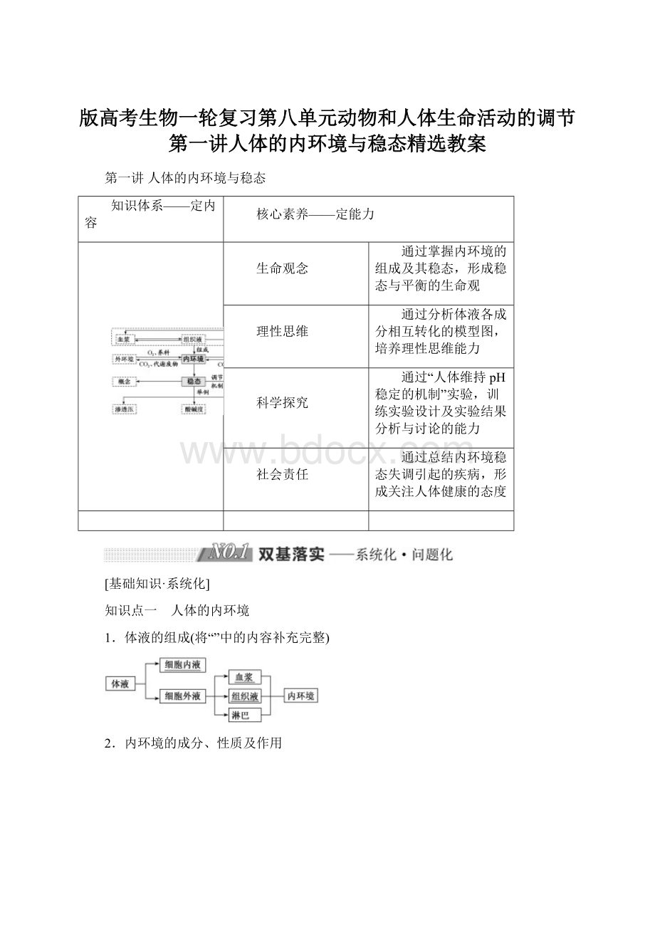 版高考生物一轮复习第八单元动物和人体生命活动的调节第一讲人体的内环境与稳态精选教案.docx