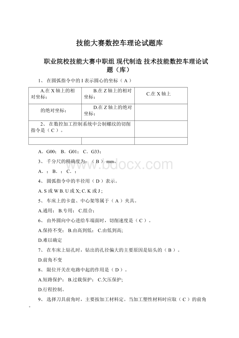 技能大赛数控车理论试题库Word文档下载推荐.docx