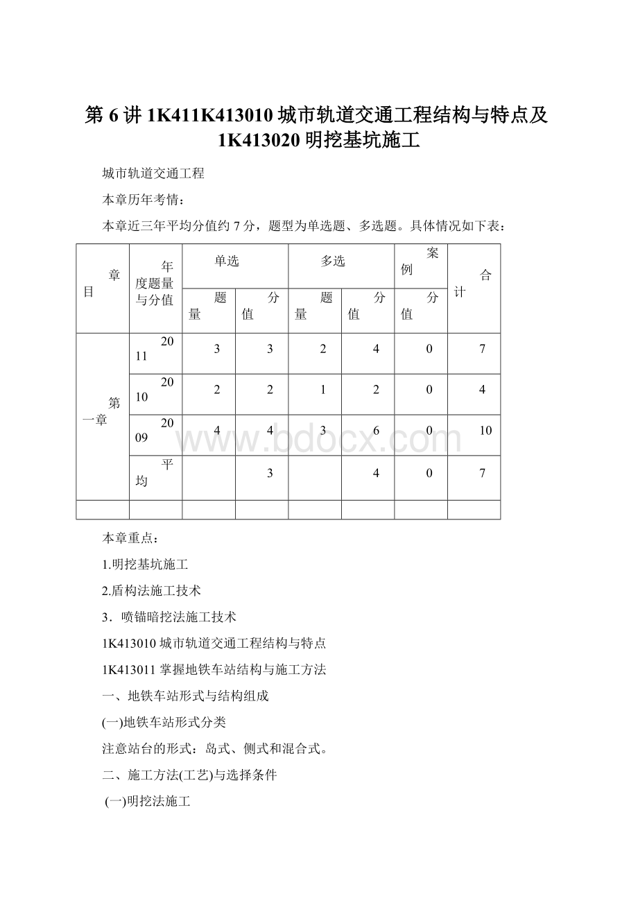 第6讲1K411K413010城市轨道交通工程结构与特点及1K413020明挖基坑施工.docx