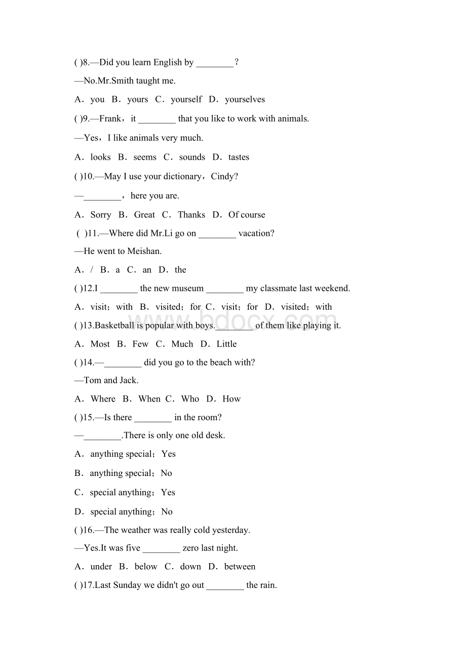 八年级上册人教版英语期末复习卷Unit1Unit3单项选择专题.docx_第2页