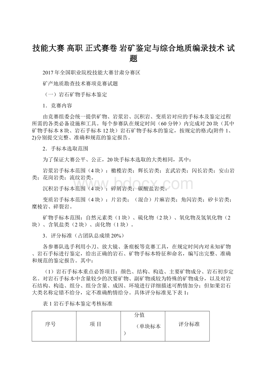 技能大赛 高职 正式赛卷 岩矿鉴定与综合地质编录技术 试题文档格式.docx