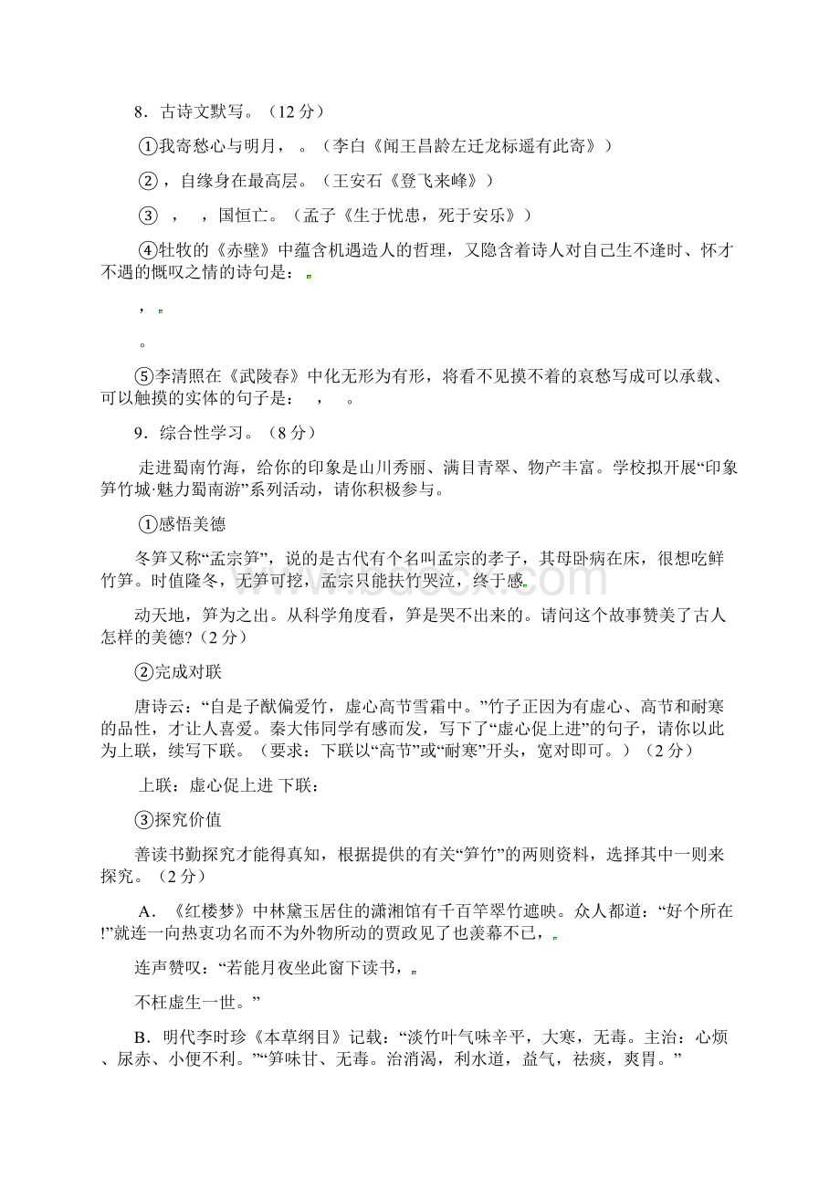 四川省盐边县红格中学届九年级半期考试语文试题Word文件下载.docx_第3页