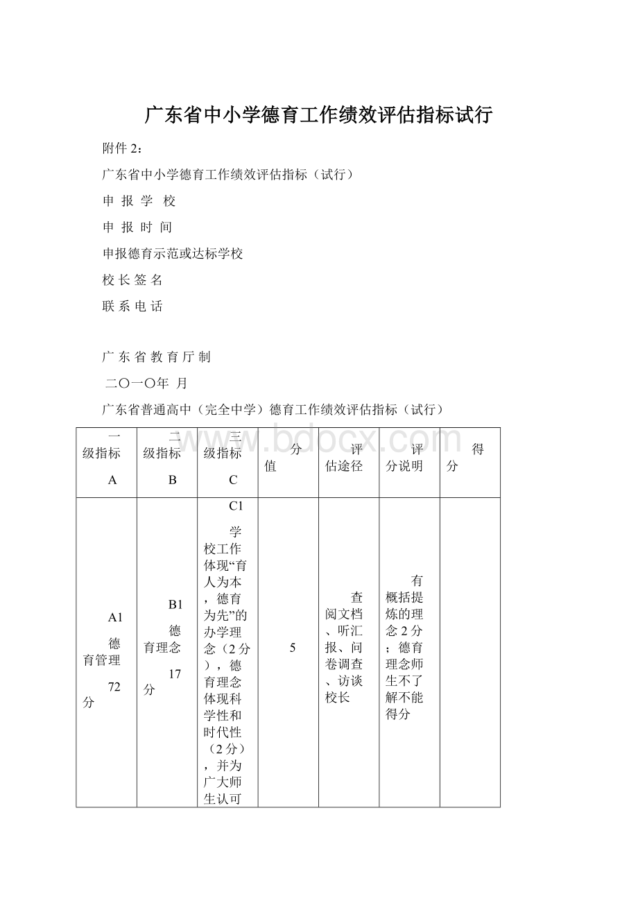 广东省中小学德育工作绩效评估指标试行Word文档格式.docx