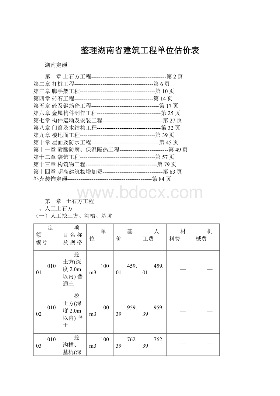 整理湖南省建筑工程单位估价表Word文档下载推荐.docx