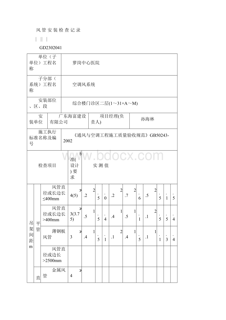 风管安装检查记录空调风1Word文档下载推荐.docx_第3页