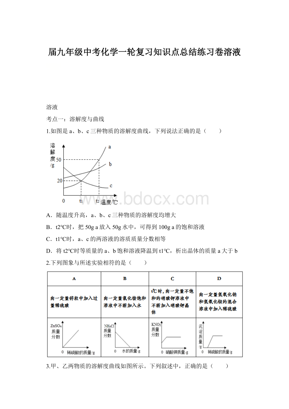 届九年级中考化学一轮复习知识点总结练习卷溶液文档格式.docx_第1页