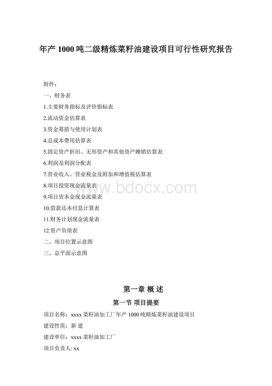 年产1000吨二级精炼菜籽油建设项目可行性研究报告.docx_第1页